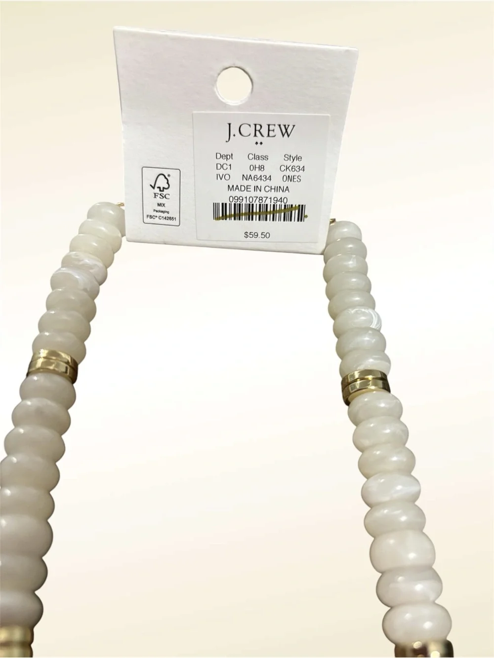 J. Crew Ivory Beaded Necklace with Gold Heart Charm